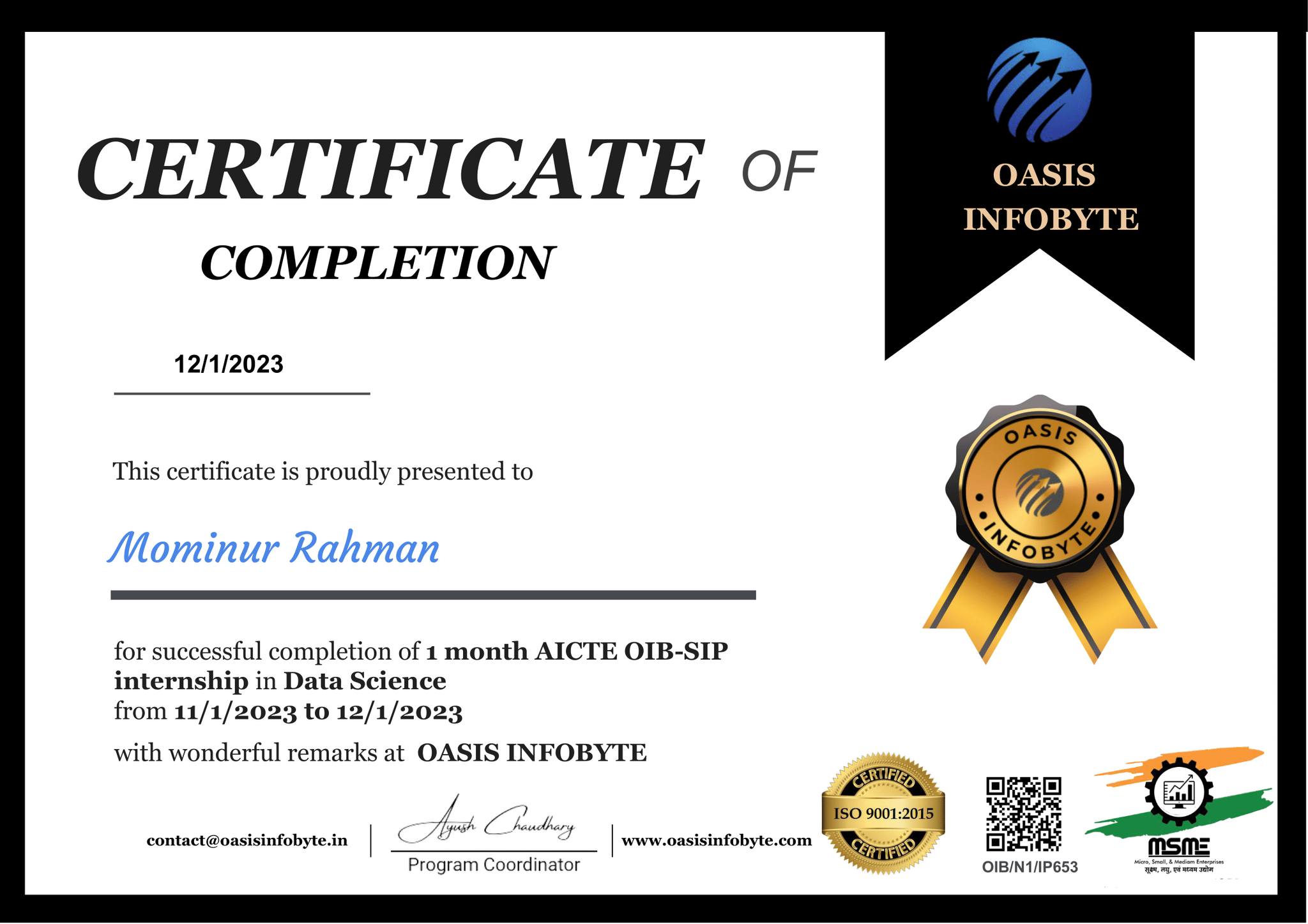 data science internship certificate image